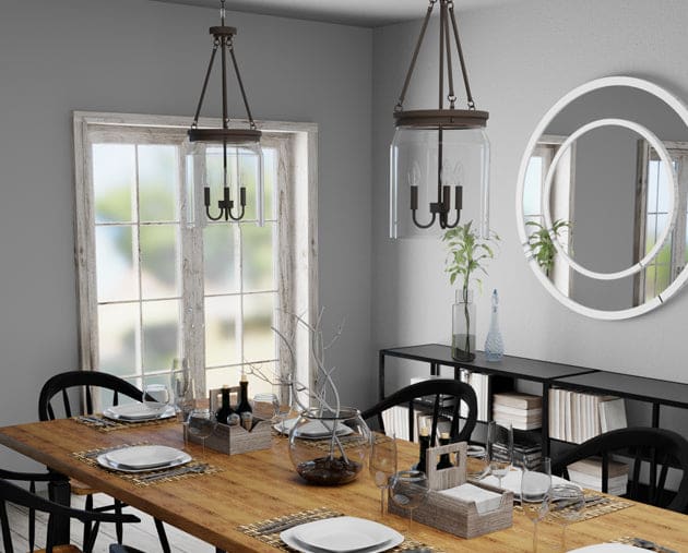 Farmhouse dining room with two farmhouse pendants.